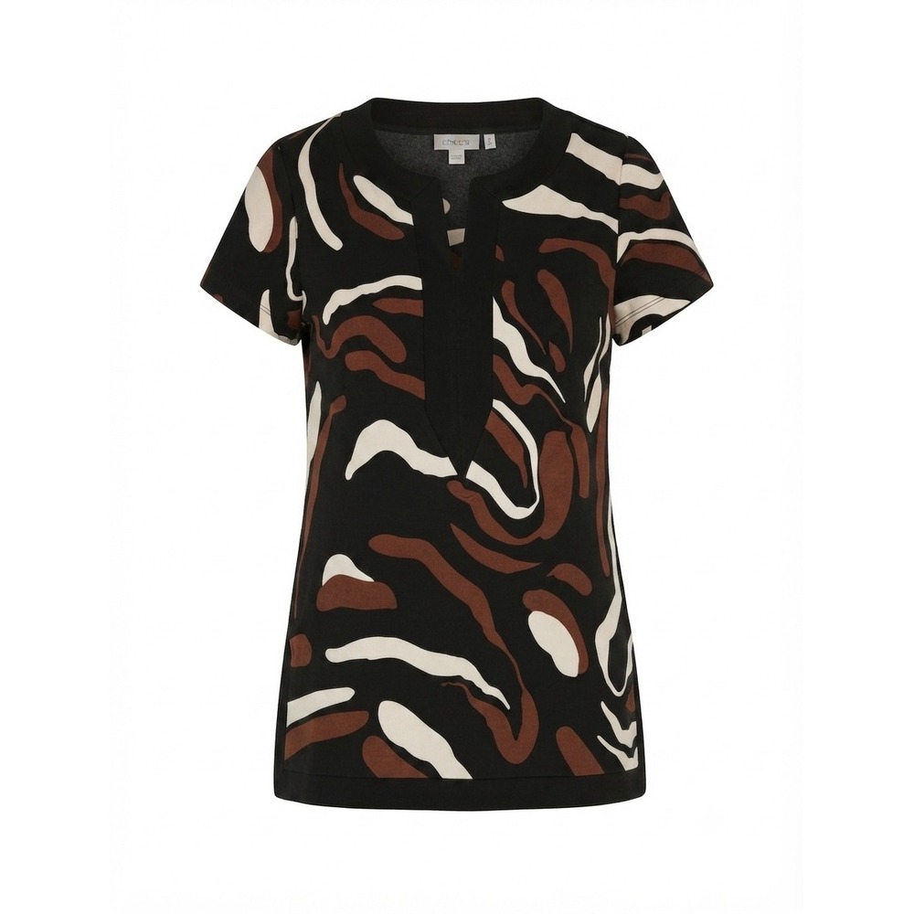 Chicos Abstract Swirl Print Tunic Top Black Brown Split V-Neck Size 0 S